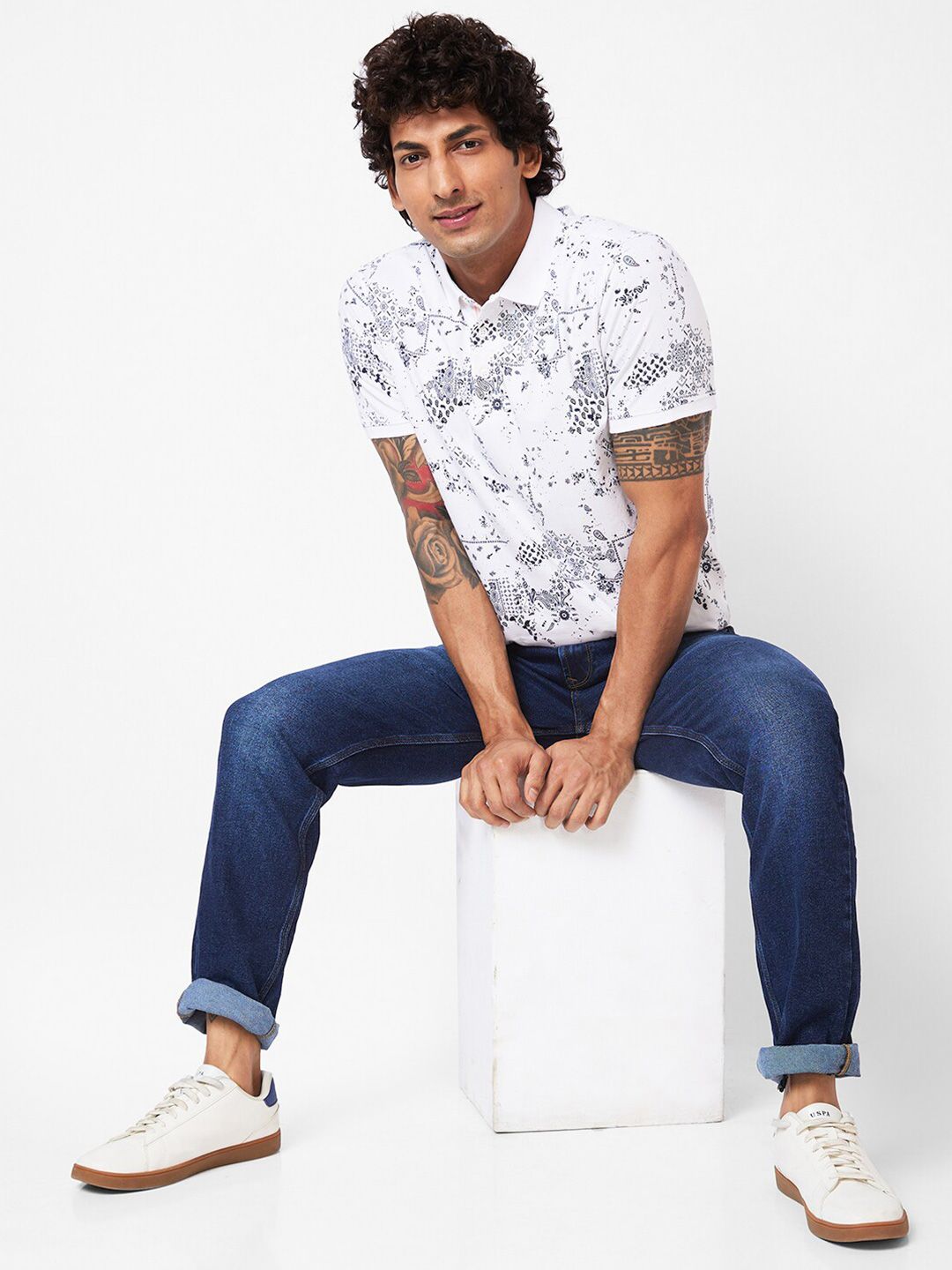 SPYKAR Abstract Printed Polo Collar Slim Fit T-shirt