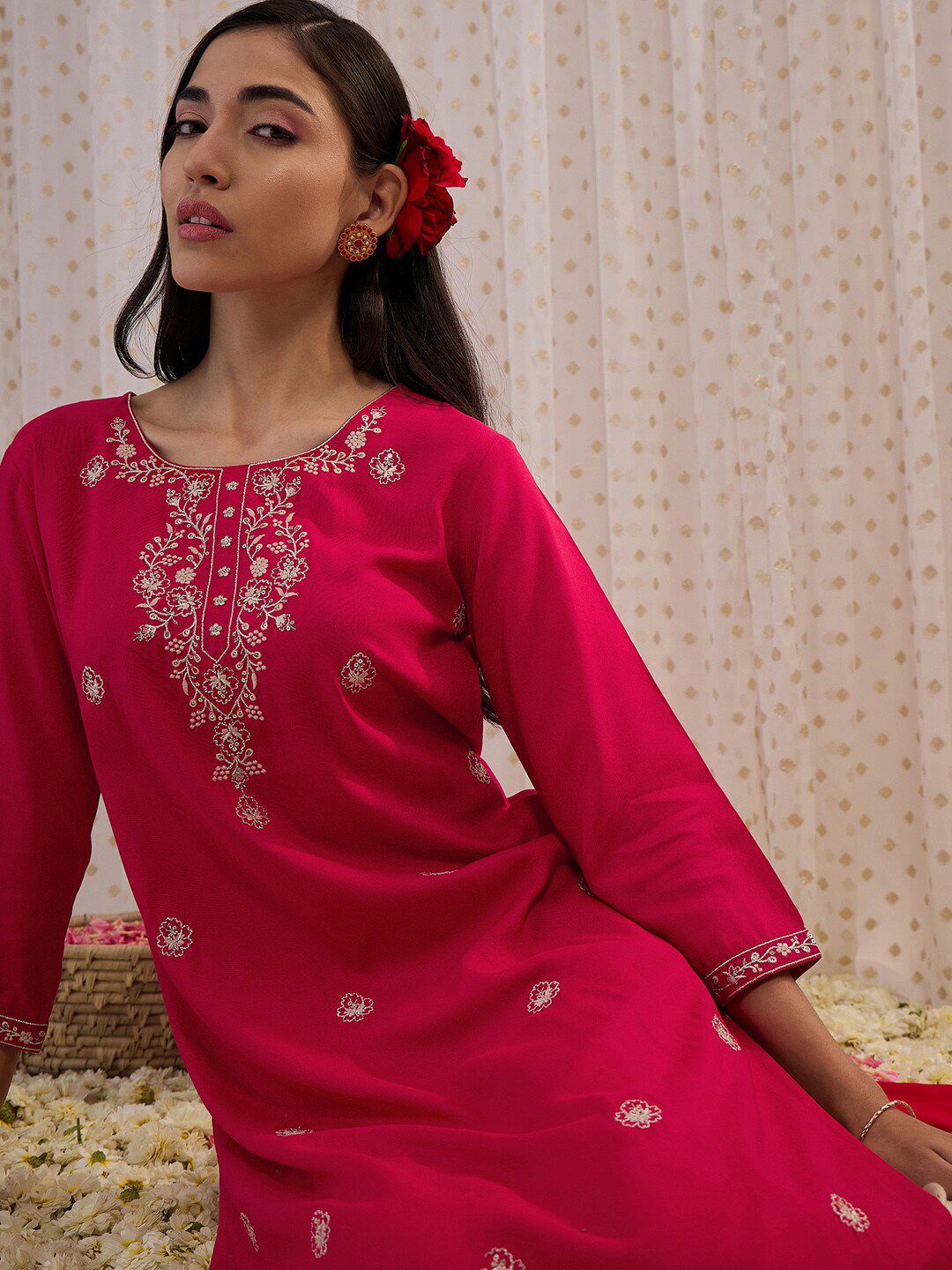 Indo Era Floral Embroidered Round Neck Three-Quarter Sleeves Floral Kurta