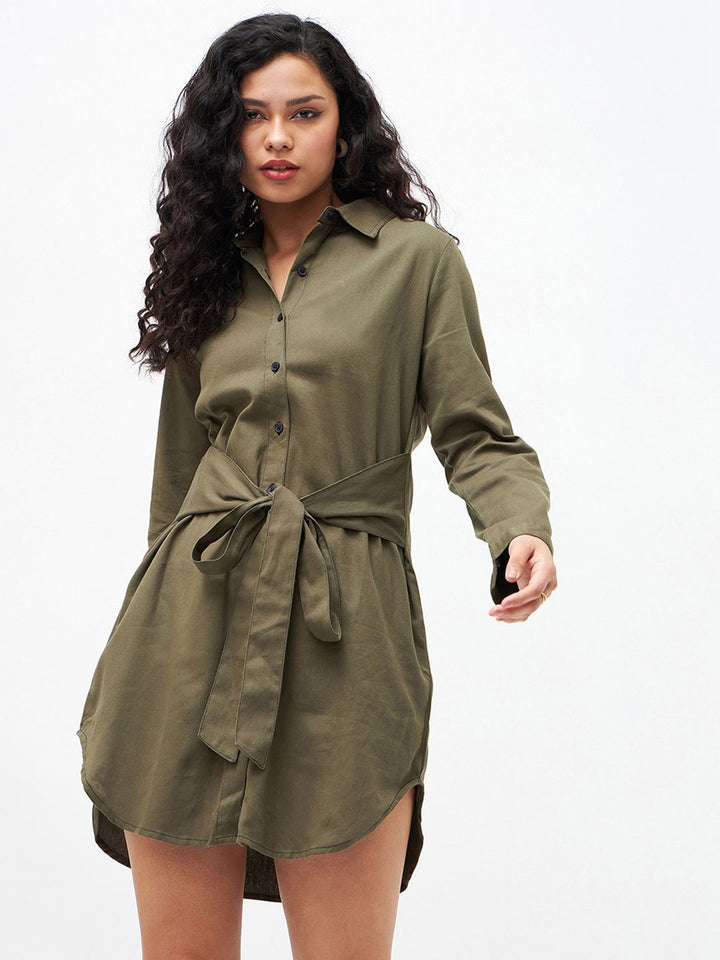 SASSAFRAS Women Olive Green Solid Shirt Dress With Waist Tie-Up Detail