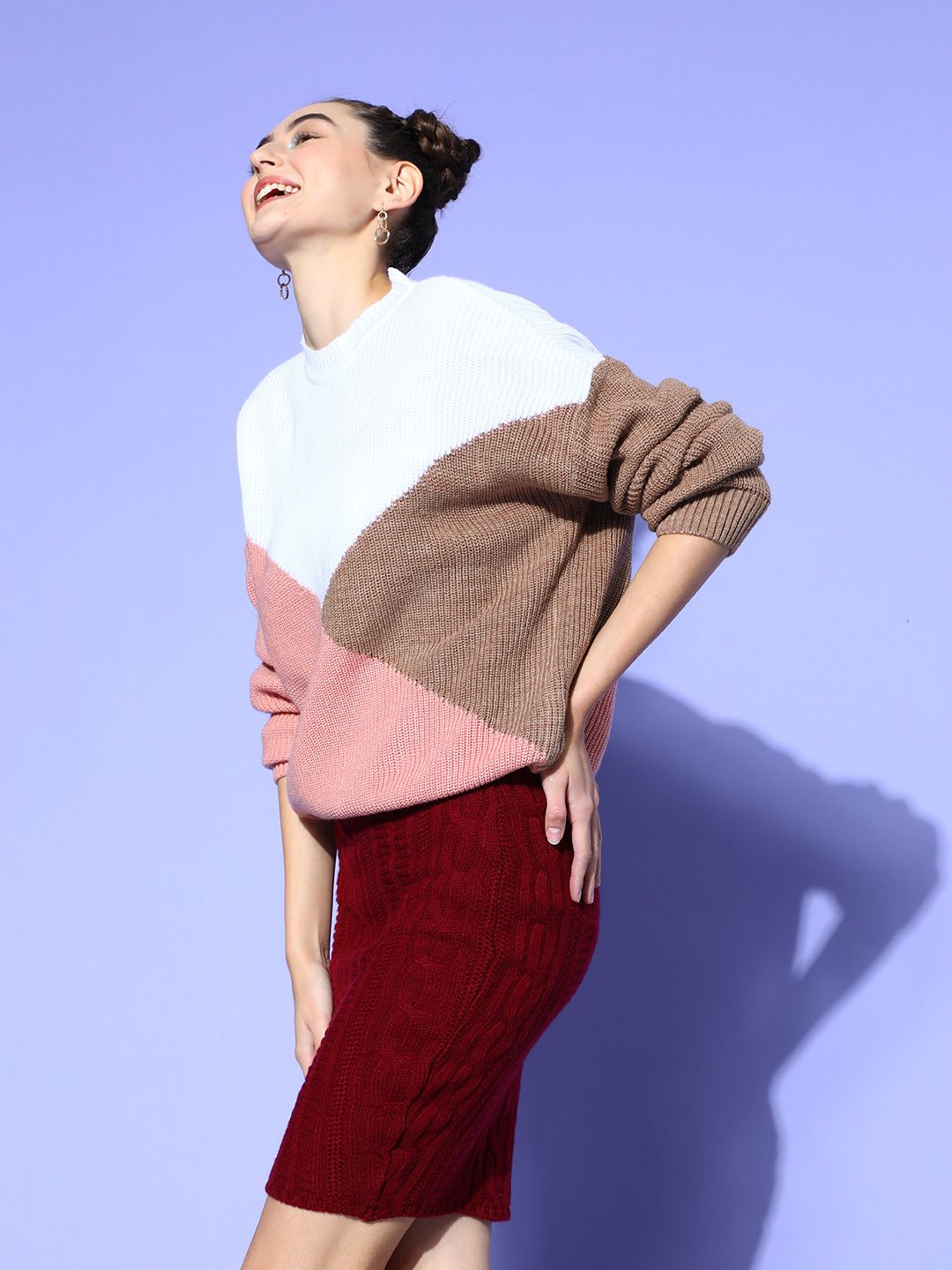 Berrylush Women White Colourblocked Block & Patch Sweater