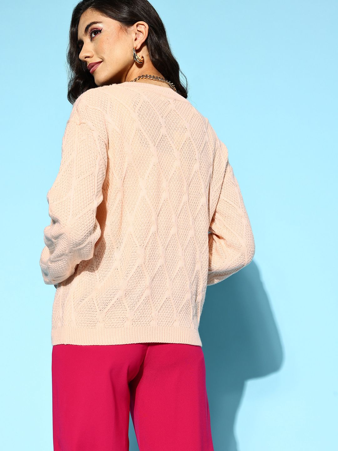 Berrylush Women Beige Geometric Knits Bits Sweater