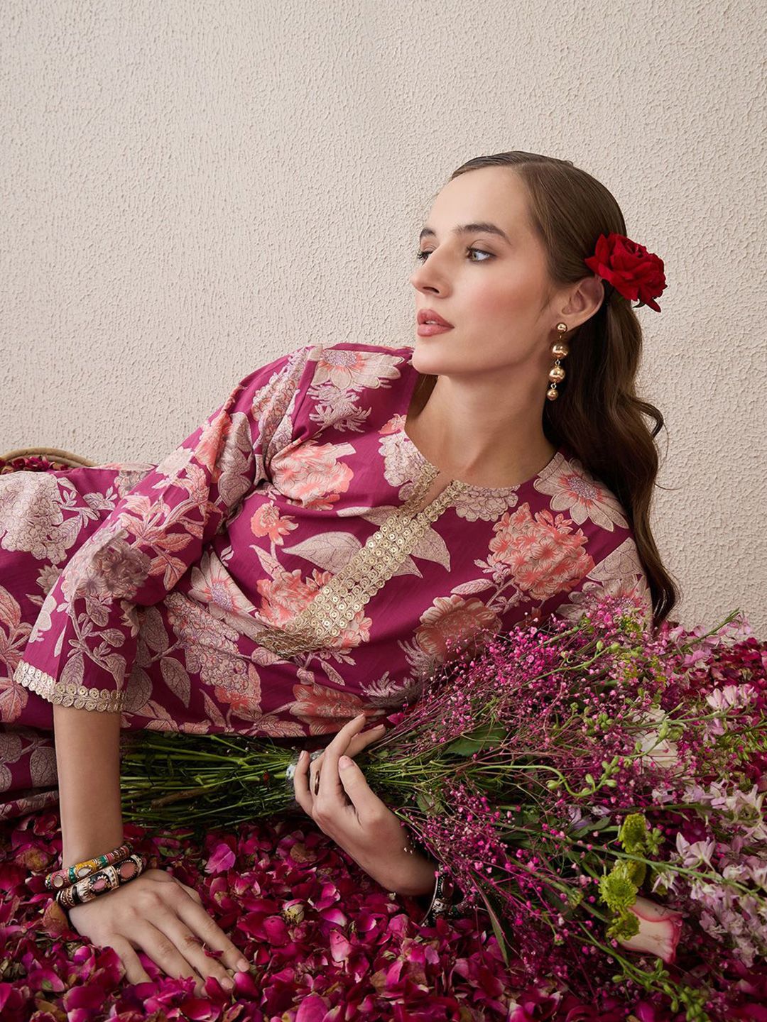 Indo Era Floral Printed Notch Neck Thread Work Cotton Straight Kurta