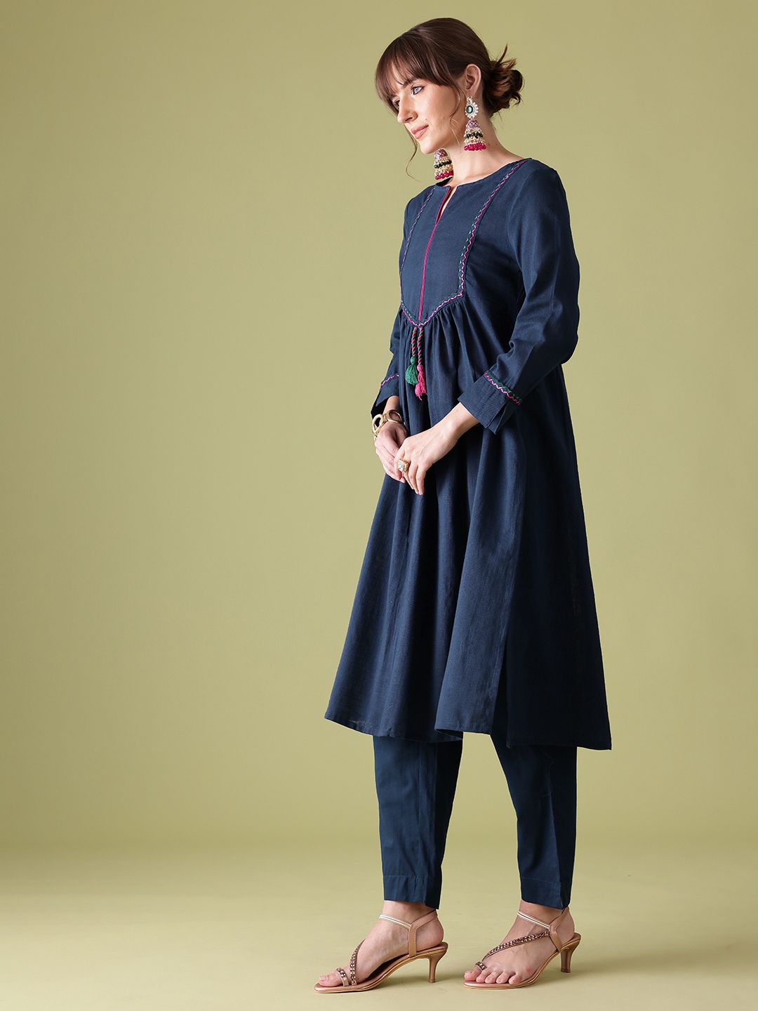 Anouk Pleated Pure Cotton Kurta with Trousers & Dupatta