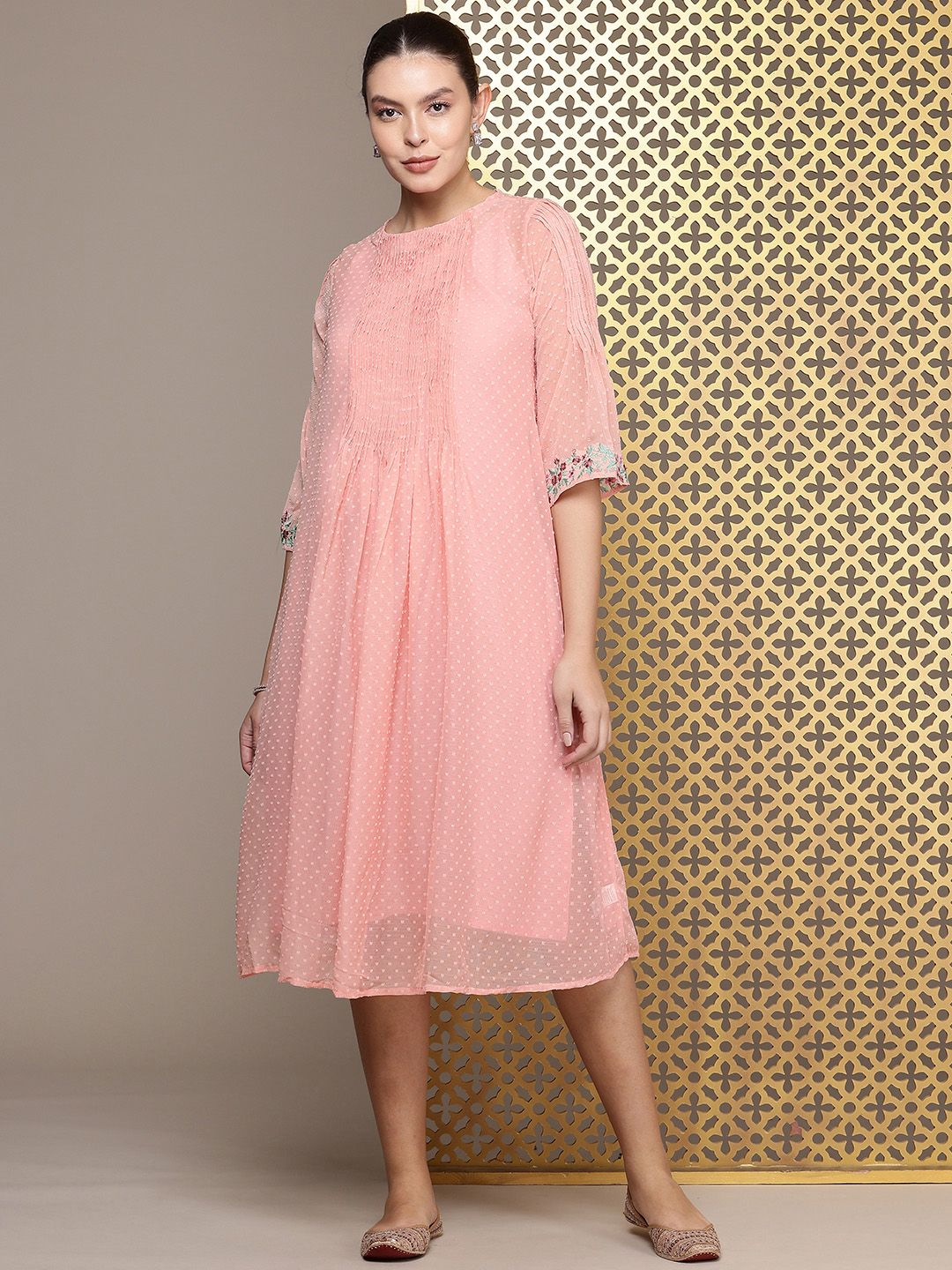 House of Pataudi Jashn Self Designed Embroidered Detail A-Line Midi Dress