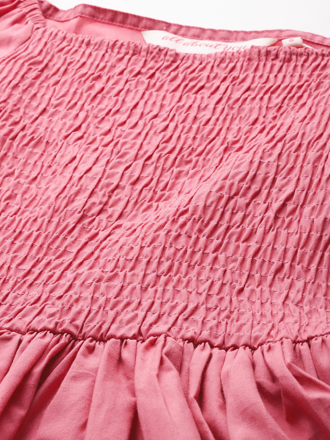 all about you Puff Sleeves Smocked Pure Cotton Fit & Flare Dress