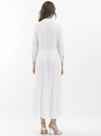 RAREISM Mandarin Collar Cuffed Sleeves Gathered Tiered Fit & Flare Midi Dress