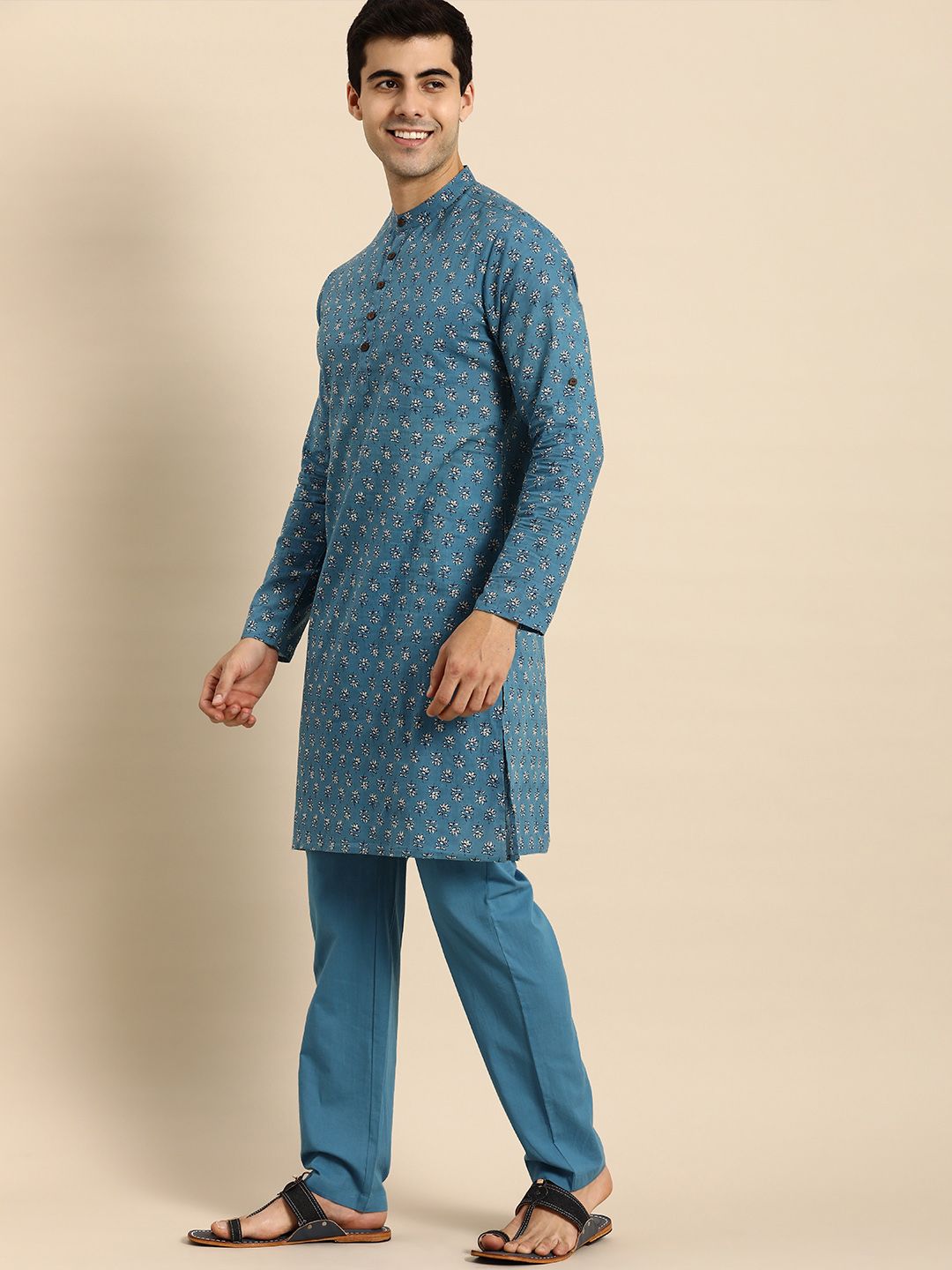 Anouk Men Blue Printed Pure Cotton Kurta with Trousers