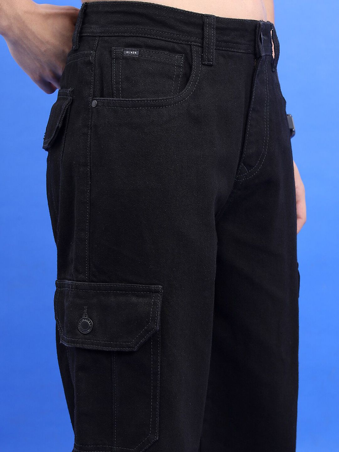 HIGHLANDER Men Black Wide Leg Clean Look Cargo Jeans