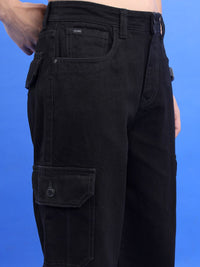 HIGHLANDER Men Black Wide Leg Clean Look Cargo Jeans