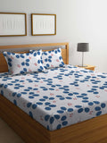 KLOTTHE White & Blue Floral Print 300 TC Fitted Double King Bedsheet With 2 Pillow Covers