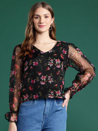 DressBerry Floral Print Puff Sleeves Top