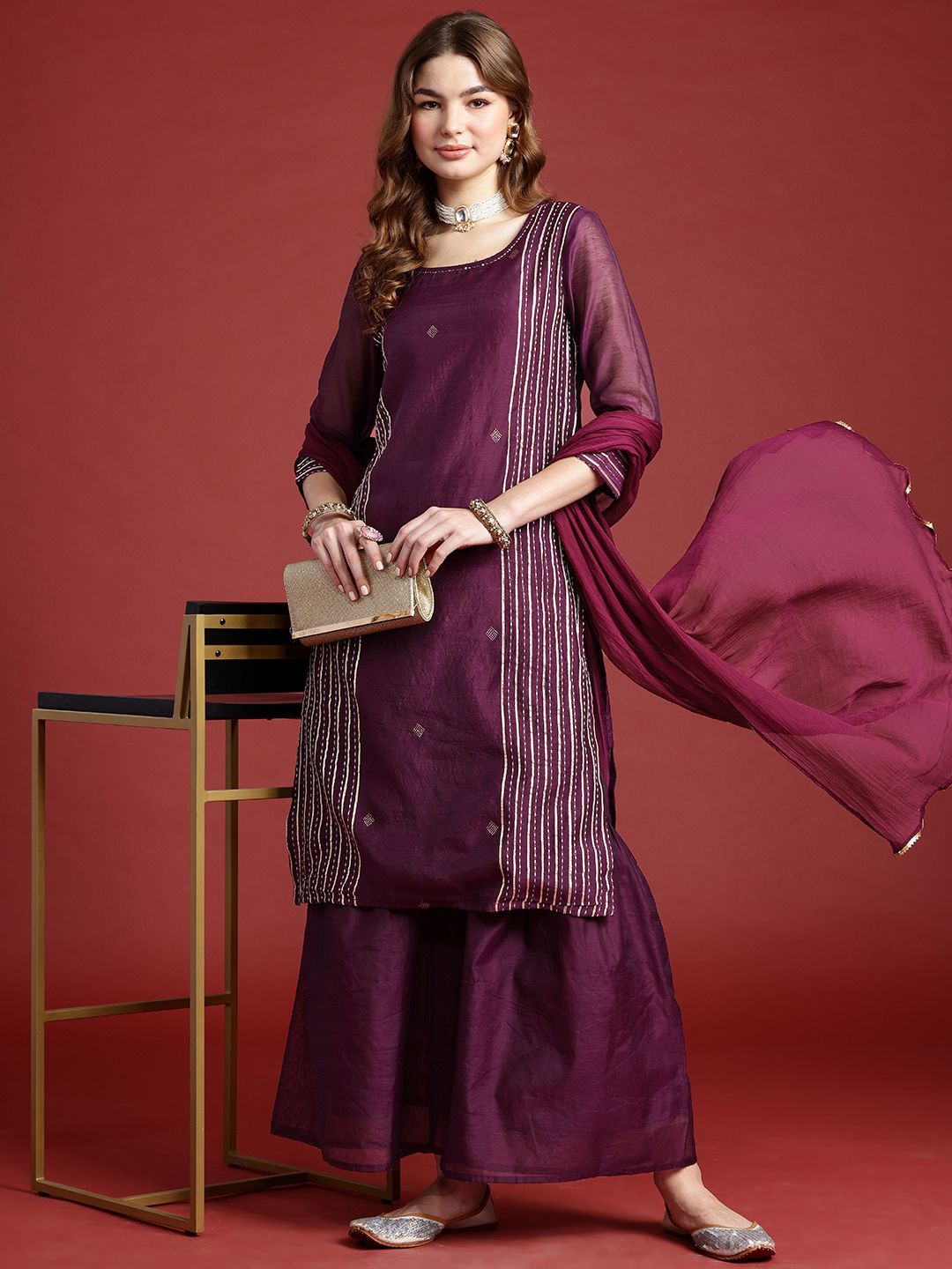 Anouk Striped Regular Kurta with Palazzos & With Dupatta