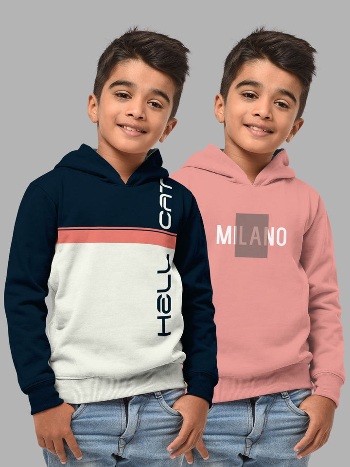 HELLCAT Boys Set Of 2 Blue & Pink Colourblocked Hooded Cotton Sweatshirt