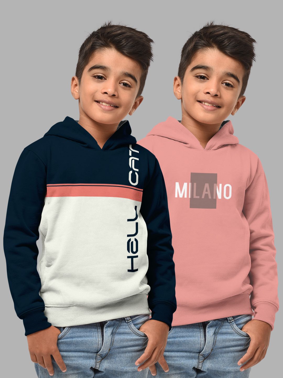 HELLCAT Boys Set Of 2 Blue & Pink Colourblocked Hooded Cotton Sweatshirt