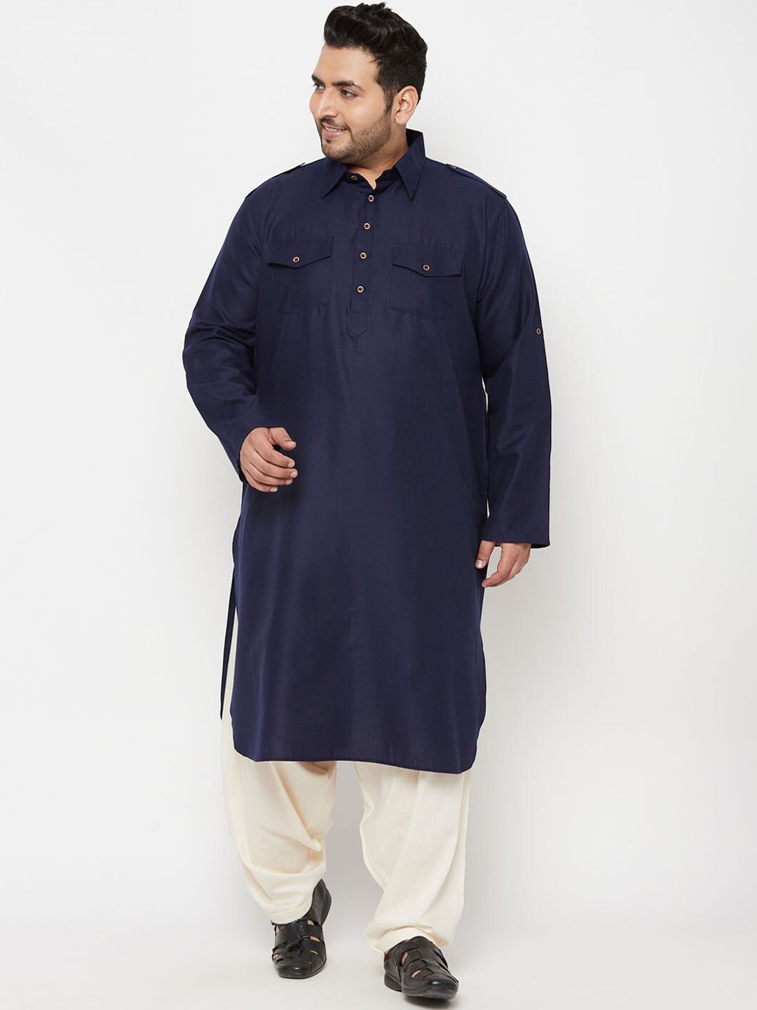 VASTRAMAY Plus Size Men Blue Solid Pathani Kurta
