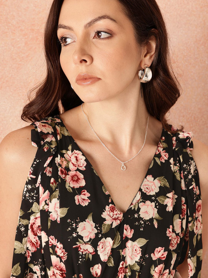 all about you Tropical Print Ruffled & Bow Detail Georgette Maxi Empire Dress