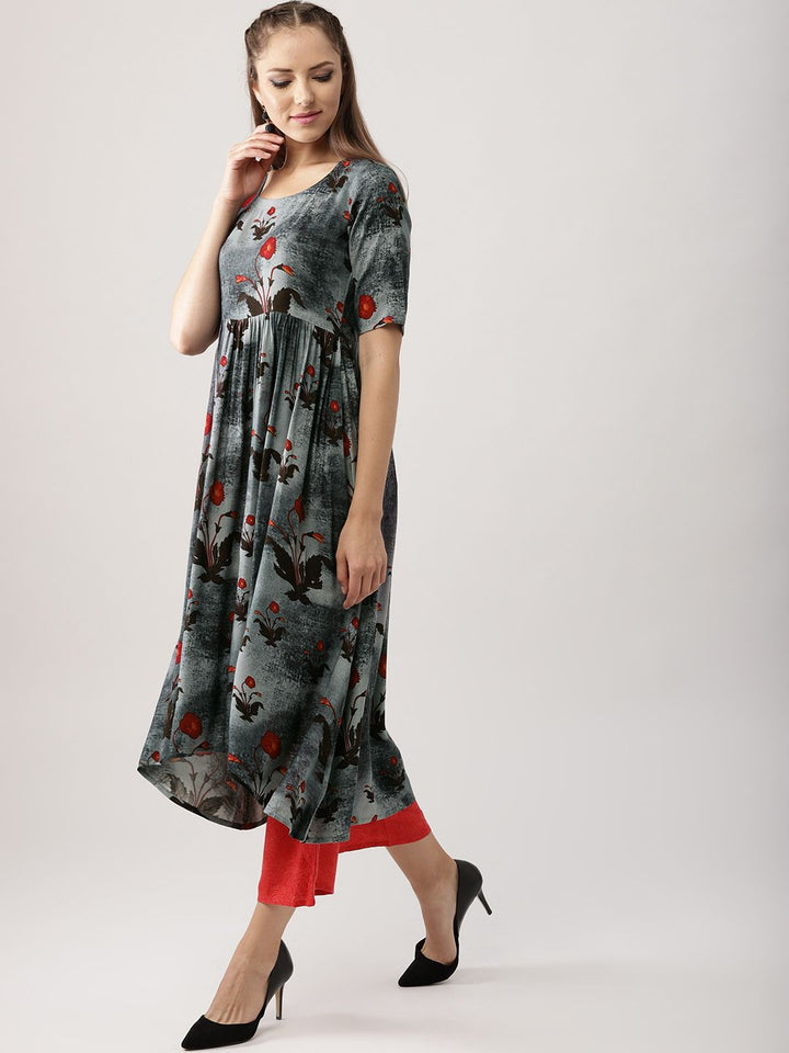 Libas Women Charcoal Grey & Coral Red Printed Kurta with Palazzos