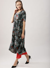 Libas Women Charcoal Grey & Coral Red Printed Kurta with Palazzos