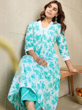 Indo Era Floral Printed V-Neck Pure Cotton A-Line Kurta With Trousers