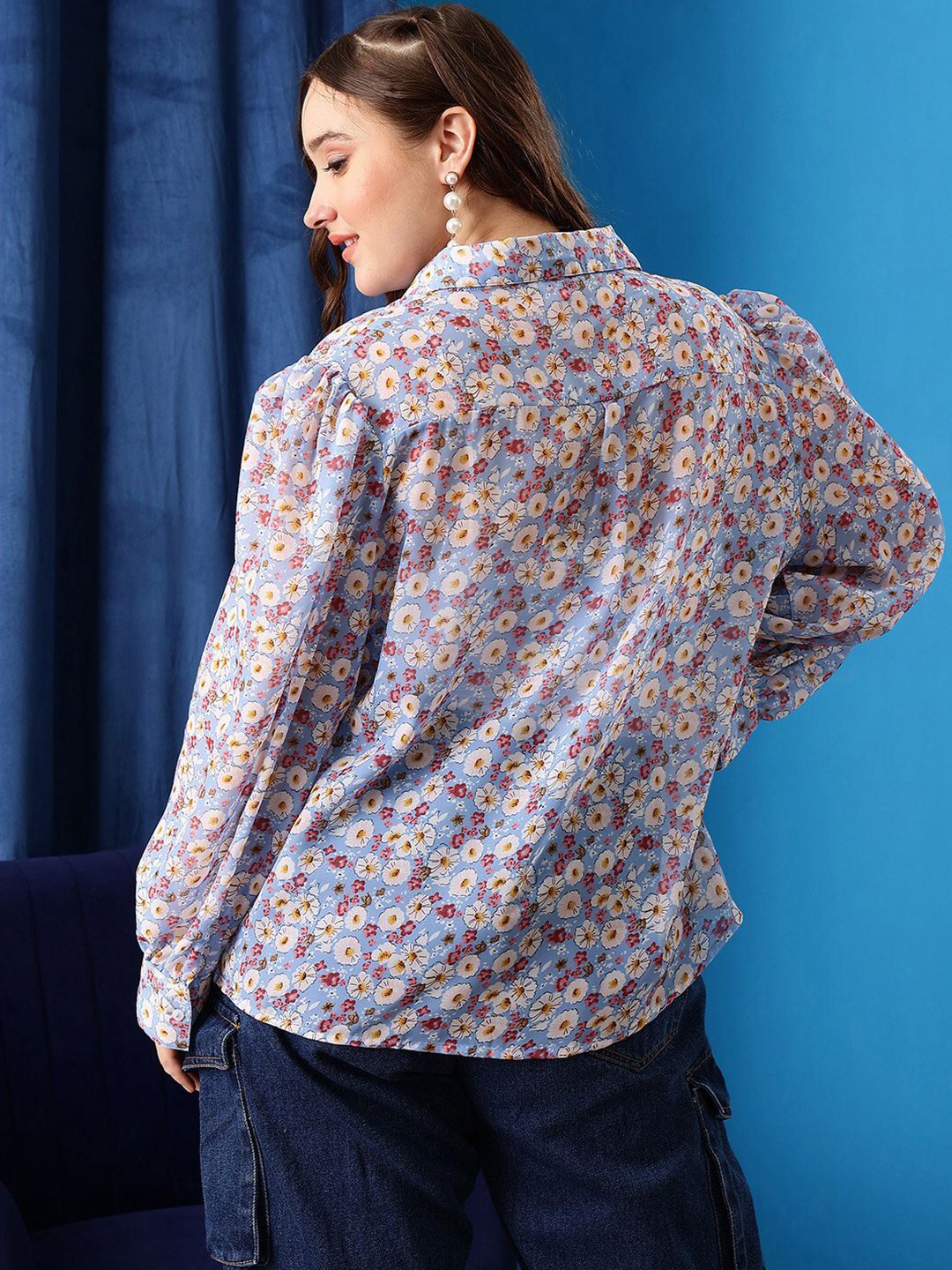 CURVY STREET Plus Size Floral Printed Shirt Collar Cuffed Sleeves Shirt Style Top Shirt
