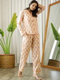 SANSKRUTIHOMES Women Cream-Coloured & Red Printed Pure Cotton Night suit