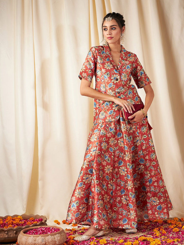 Shae by SASSAFRAS Women Rust Orange Floral Printed Single Breasted Blazer