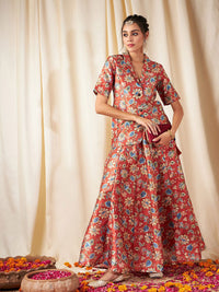 Shae by SASSAFRAS Women Rust Orange Floral Printed Single Breasted Blazer