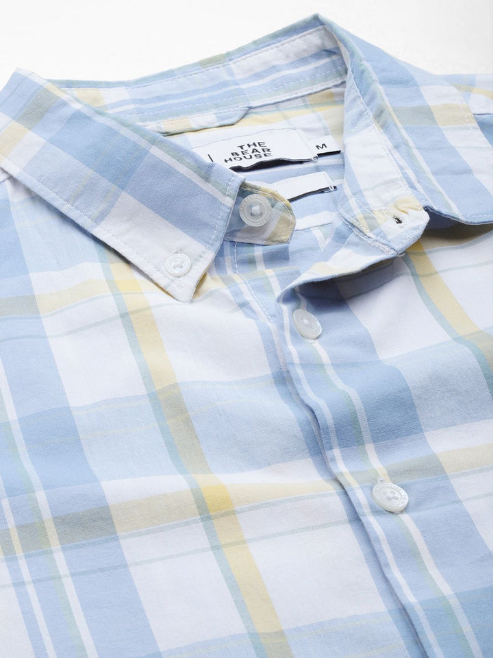 THE BEAR HOUSE Men White & Blue Classic Slim Fit Checked Pure Cotton Casual Shirt