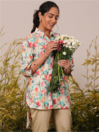 Libas Floral Printed Floral Shirt Collar Three-Quarter Sleeves Pathani Kurta