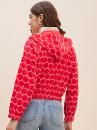 Antheaa Pink Geometric Printed Hooded Neck Corduroy Crop Bomber Jacket