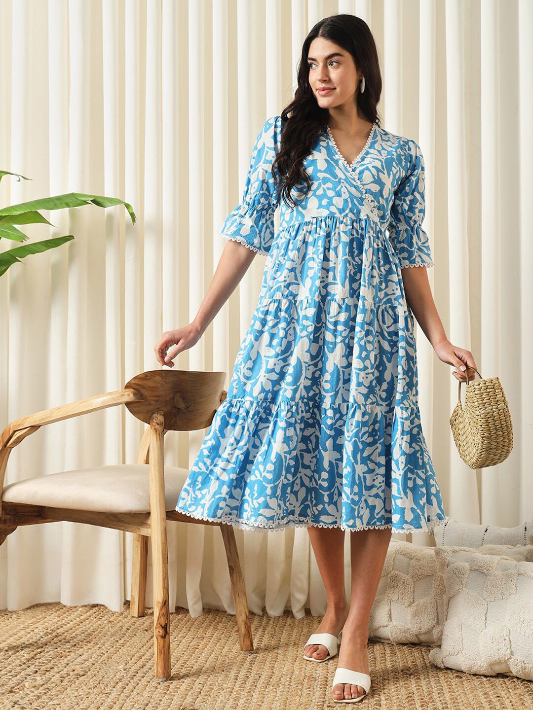 KALINI Floral Printed V-Neck Empire Cotton Opaque Casual Dress