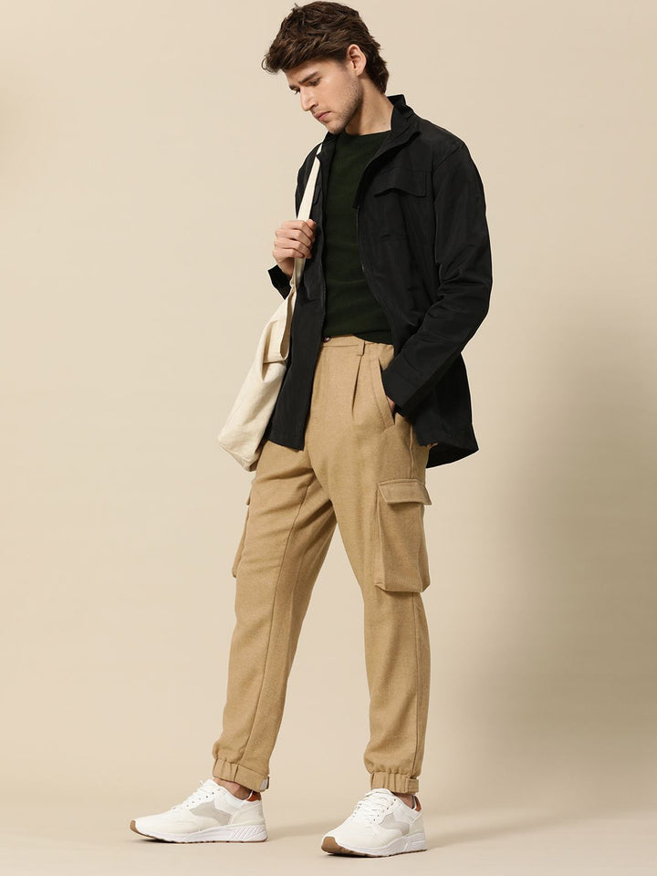 Mr Bowerbird Men Camel Brown Liberal Fit Solid Pleated Cargos