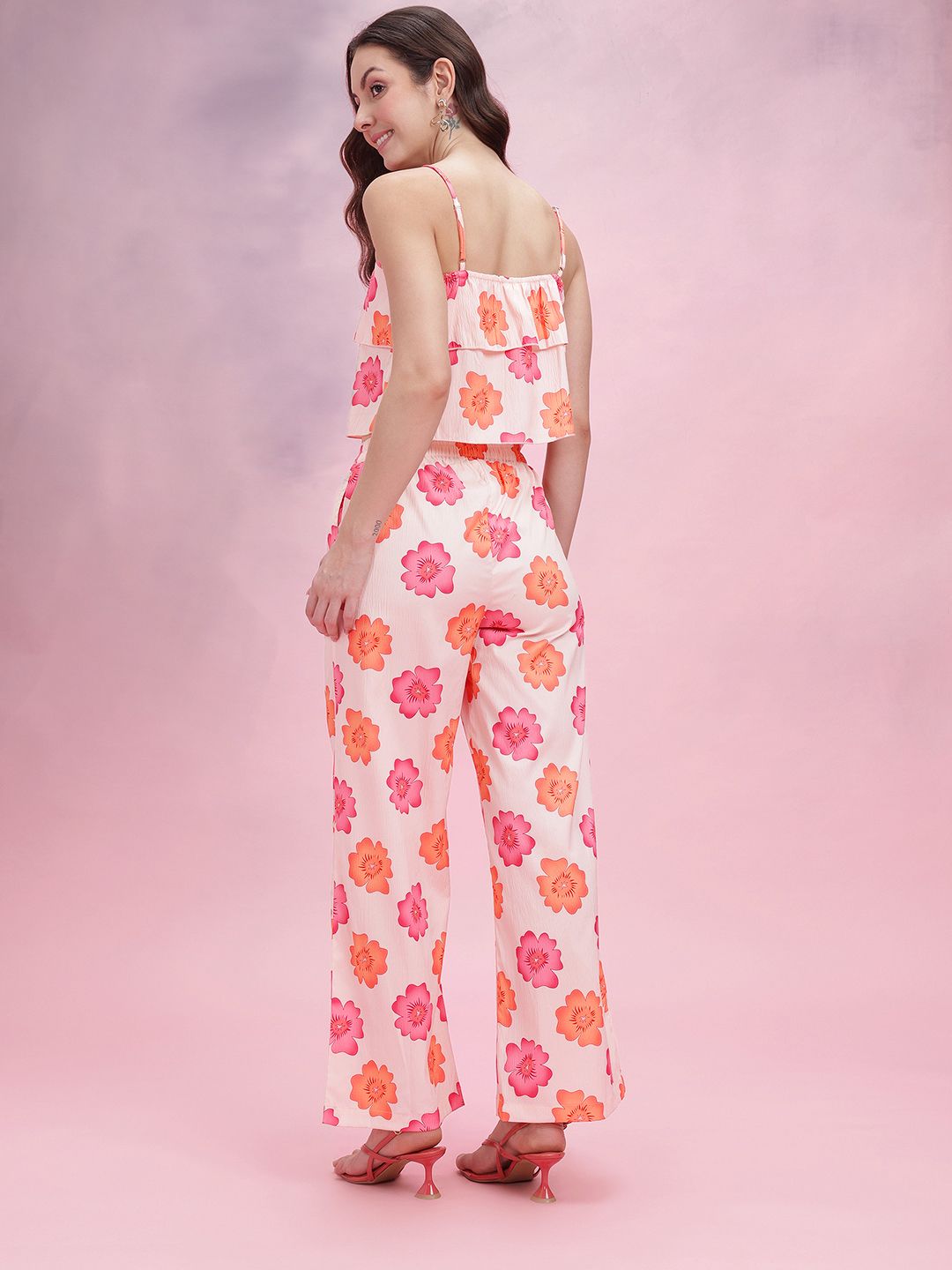 DressBerry Floral Printed Ruffle Detail Sleeveless Top With Trousers Co-Ords