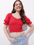 DressBerry Cherry Red Date Night Diva Smocked Crop Top