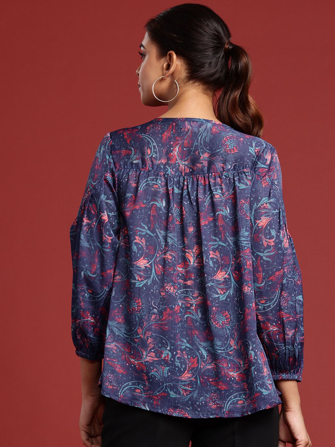 all about you Floral Print Puff Sleeve Gathers Detail Top
