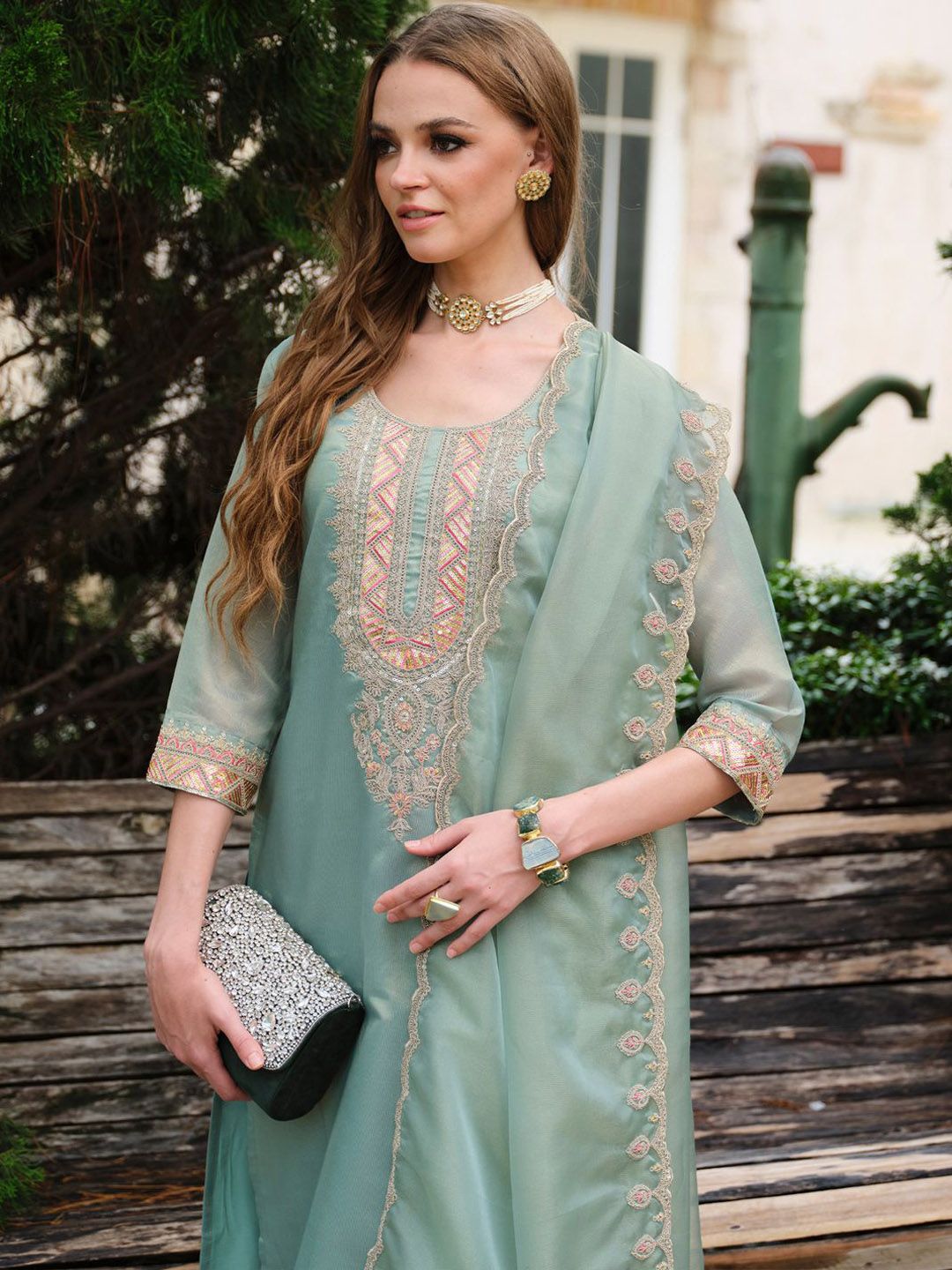 Indo Era Yoke Design Round Neck Kurta With Trousers & Dupatta