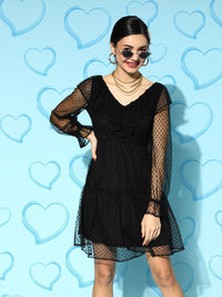 Athena Black Self Design Dobby Net A-Line Dress