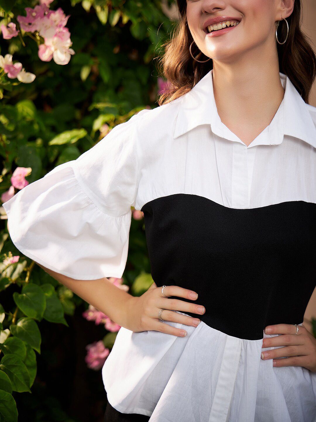 Athena White & Black Colourblocked Pure Cotton Peplum Top