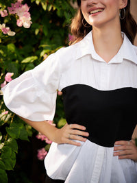 Athena White & Black Colourblocked Pure Cotton Peplum Top