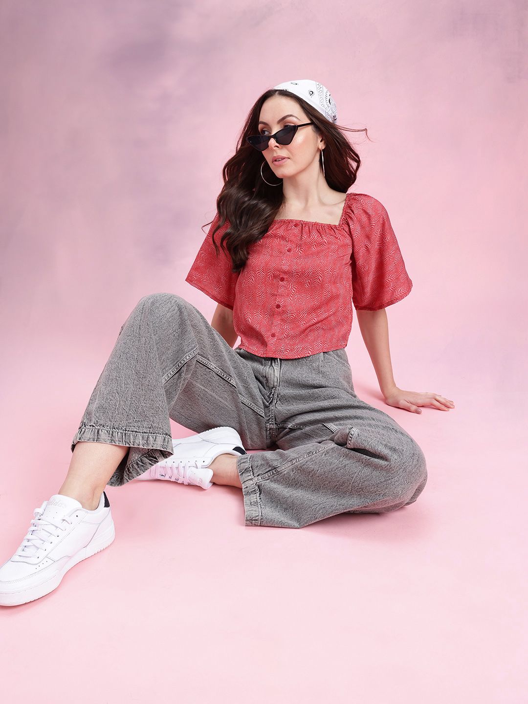 DressBerry Abstract Print Puff Sleeves Square Neck Button-Up Top