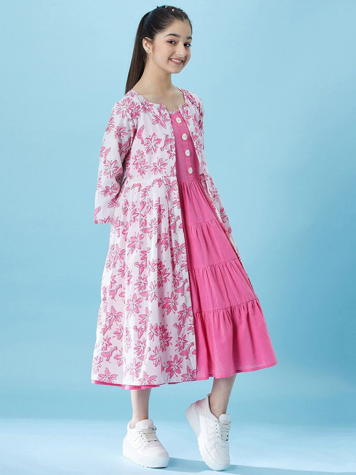 pspeaches Girls Fit And Flare Tiered Cotton Midi Dress With Shrug