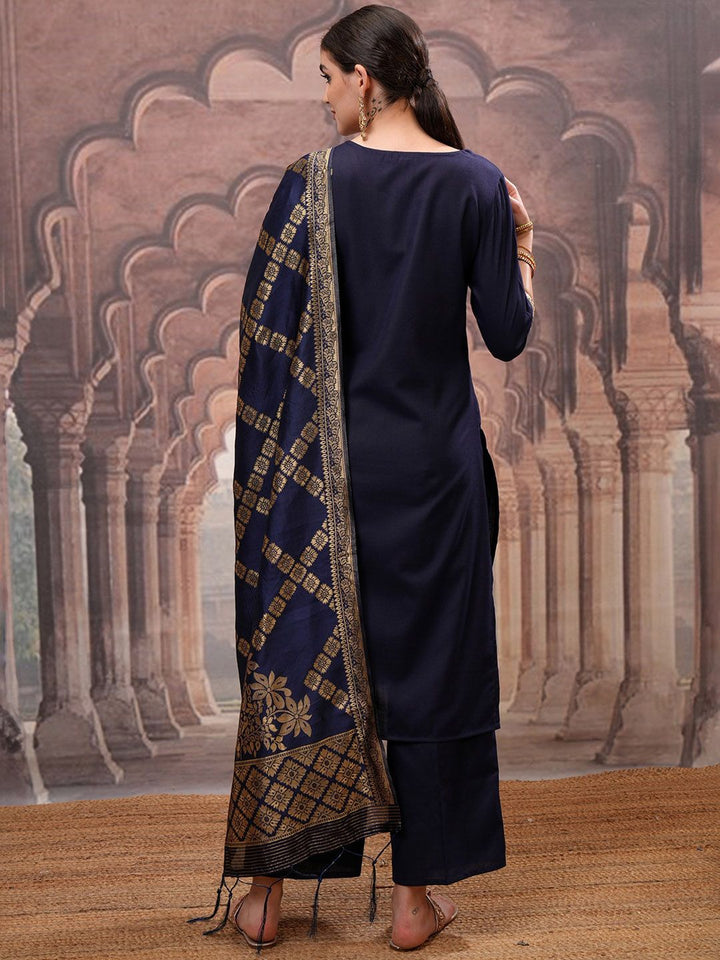Vishudh Navy Blue Mirror Work Zari Straight Kurta with Palazzo & Dupatta