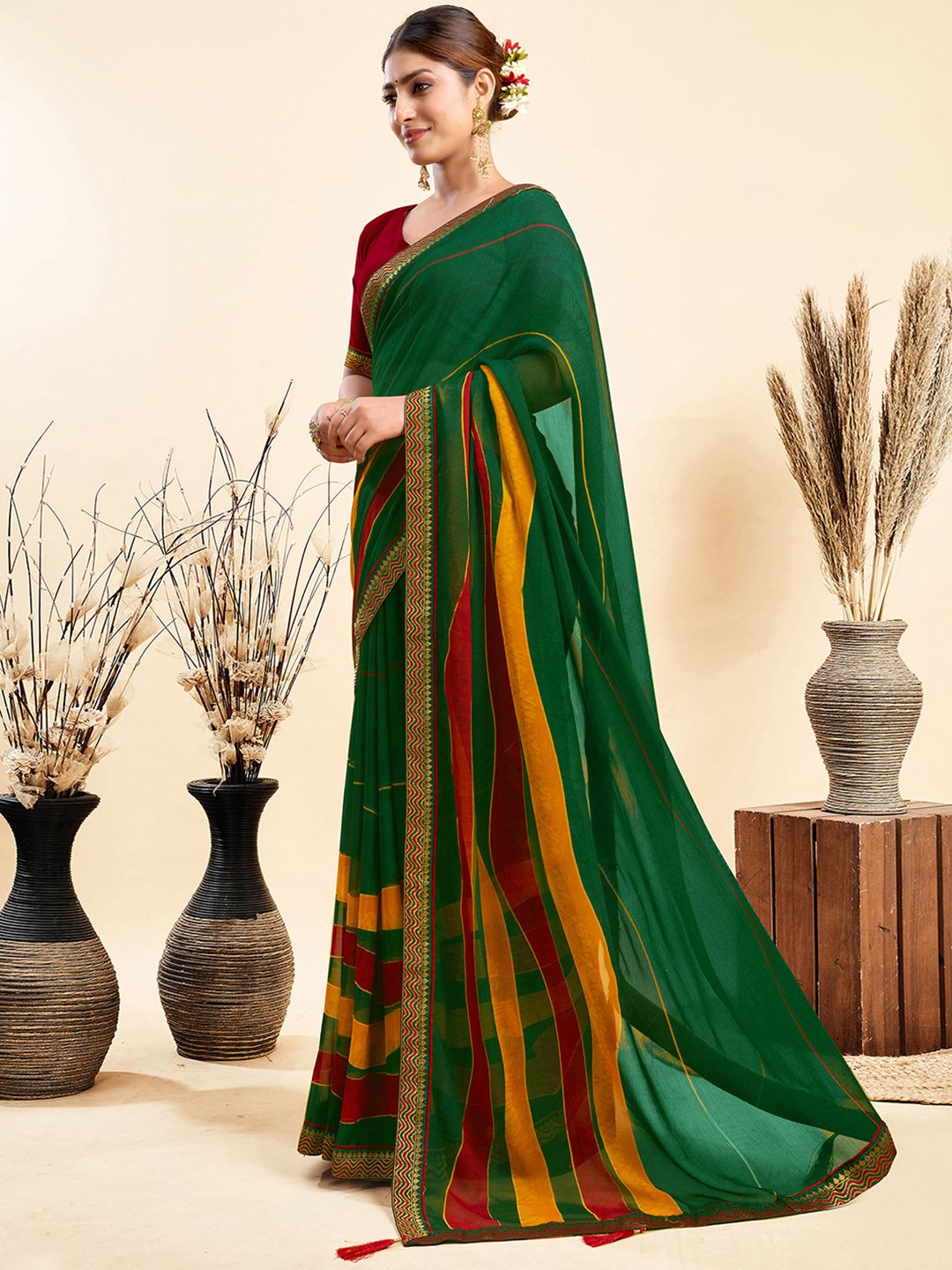 KALINI Striped Printed Pure Chiffon Saree