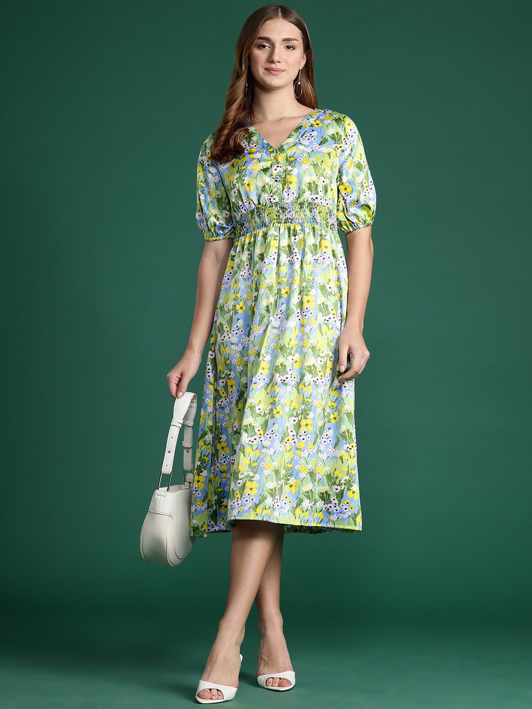 DressBerry Floral Print Puff Sleeve A-Line Midi Dress