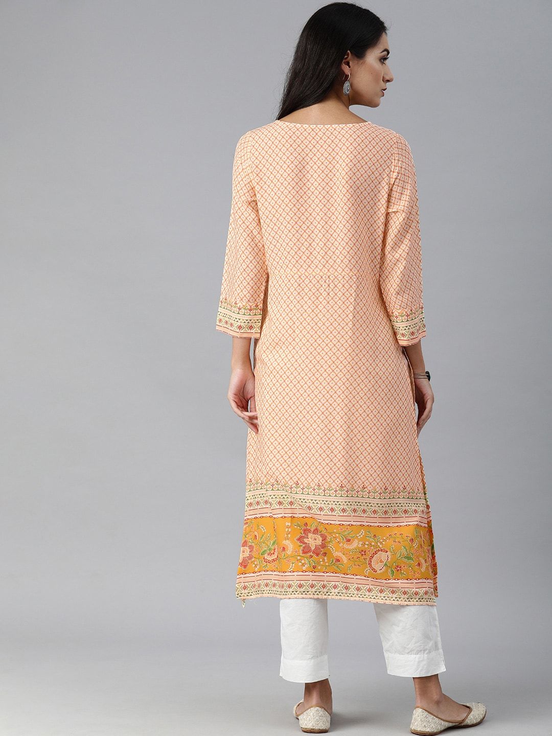 Global Desi Women Cream-Coloured & Orange Geometric Printed Kurta