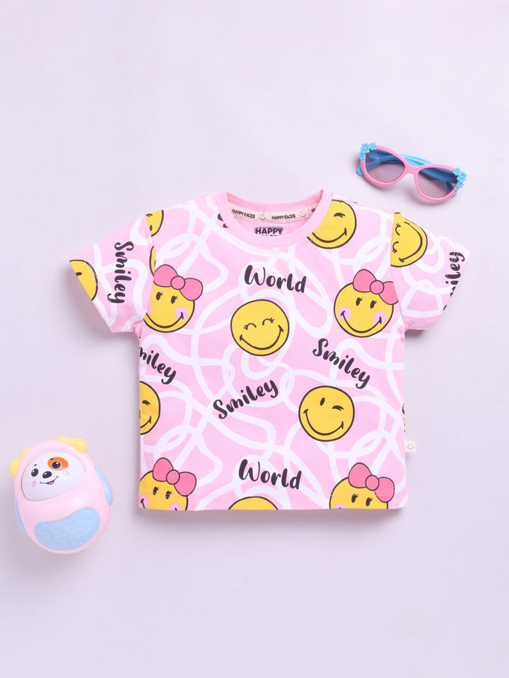 Happy Faces Girls Smiley Printed Pure Cotton T-shirt