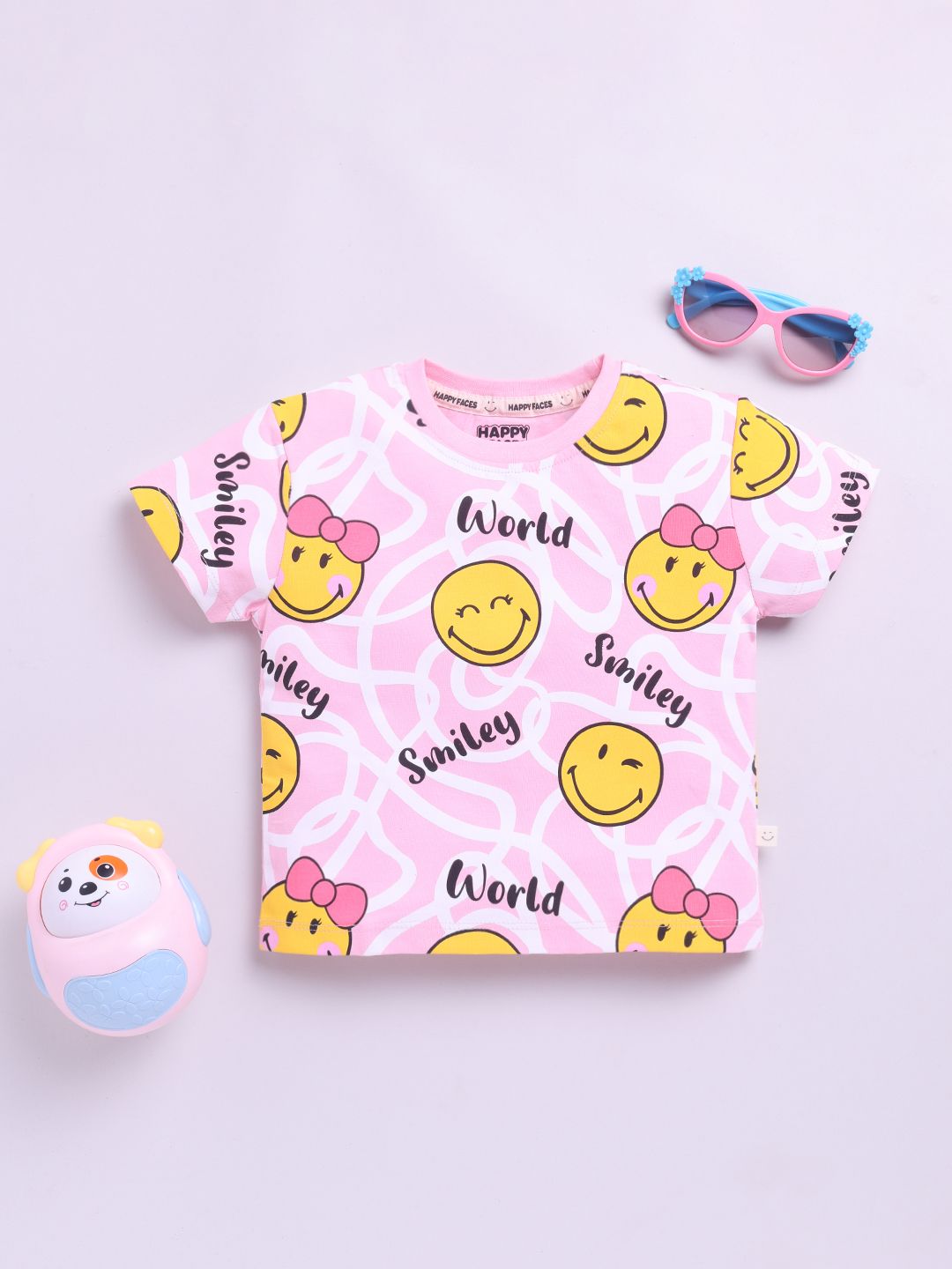 Happy Faces Girls Smiley Printed Pure Cotton T-shirt