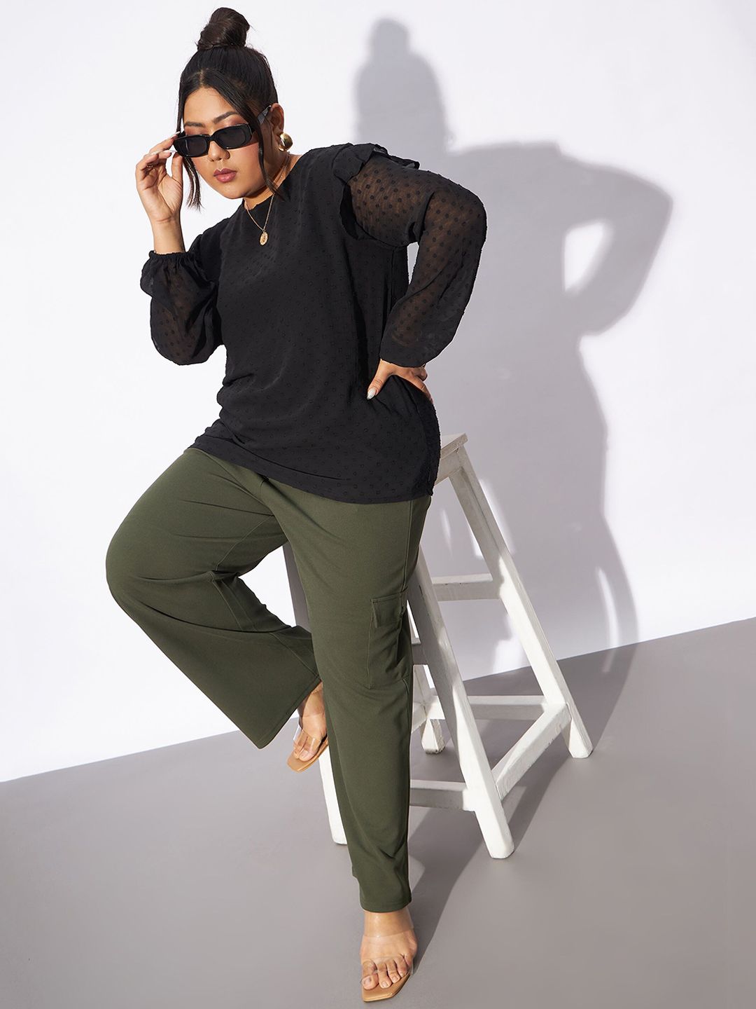 SASSAFRAS Curve Women Plus Size Olive Green Straight Fit Pleated-Front Cargos Trousers