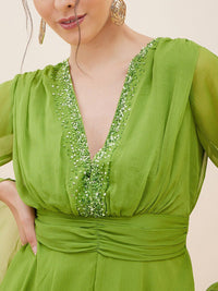 Antheaa Embelllished V-Neck Flared Sleeves Fit & Flare Dress