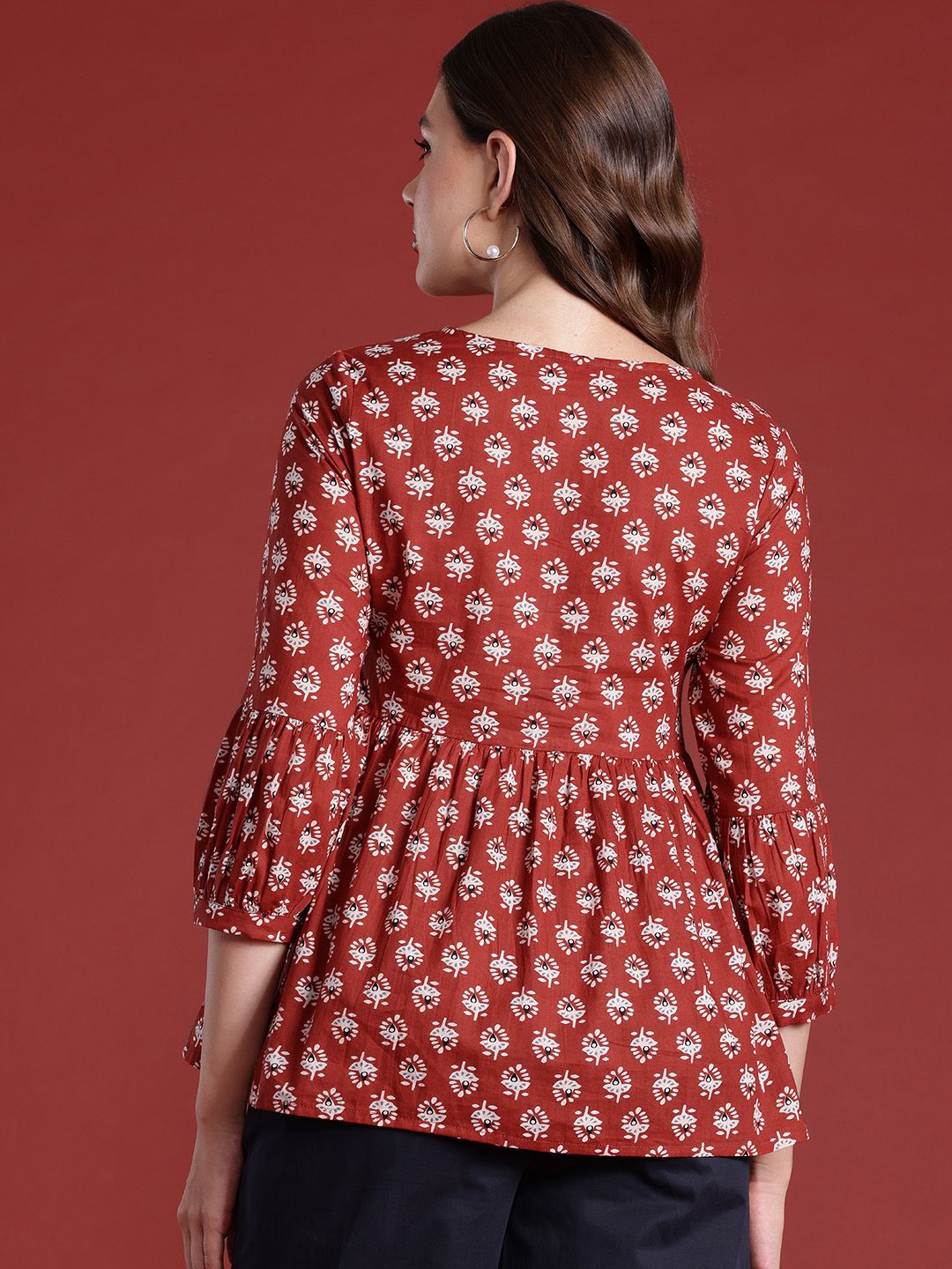 all about you Ethnic Printed Tie-Up Neck Pure Cotton Top